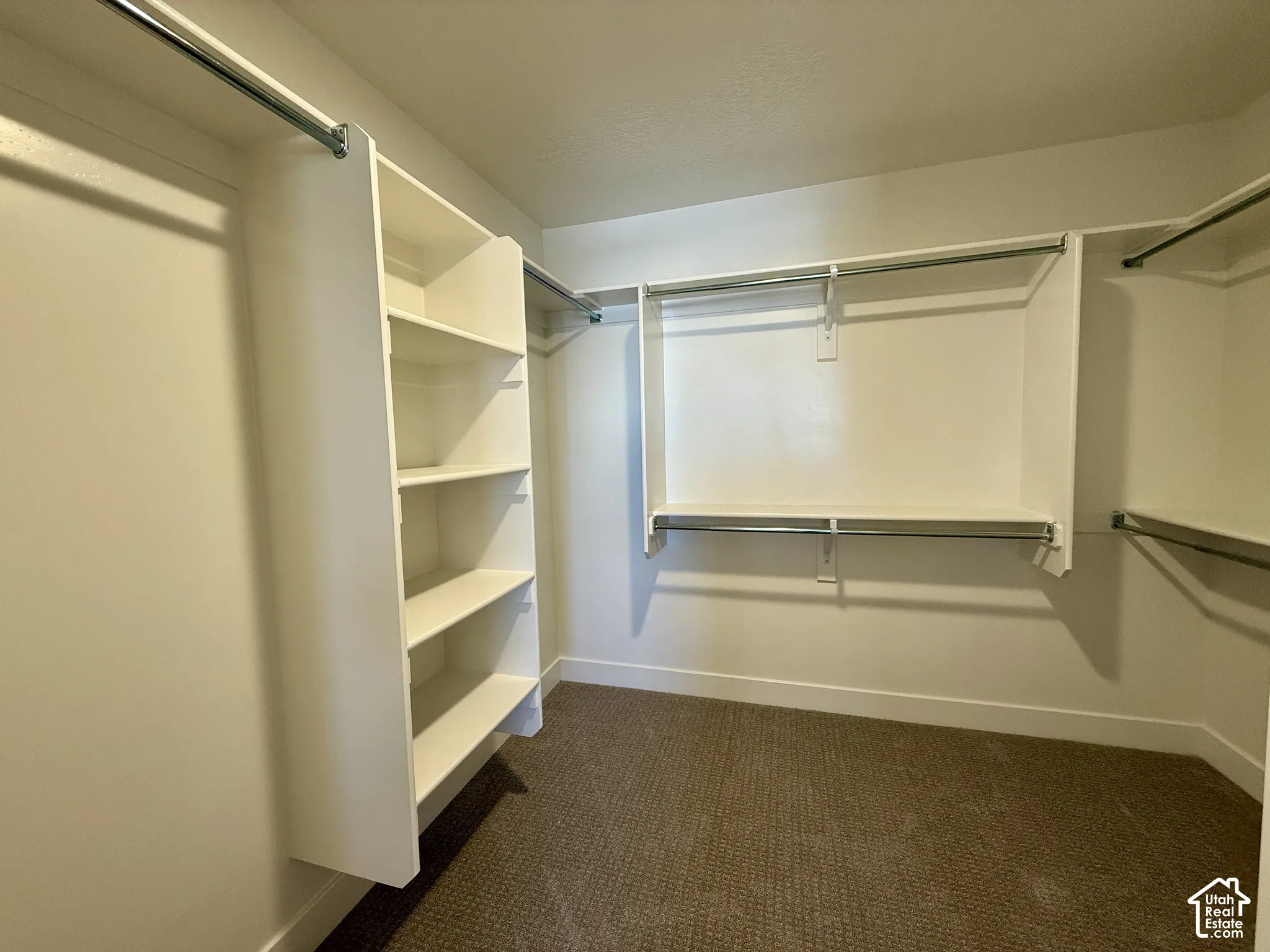 Walk-in closet featuring white built-in shelving, multiple tiers of metal hanging rods, and neutral carpeting