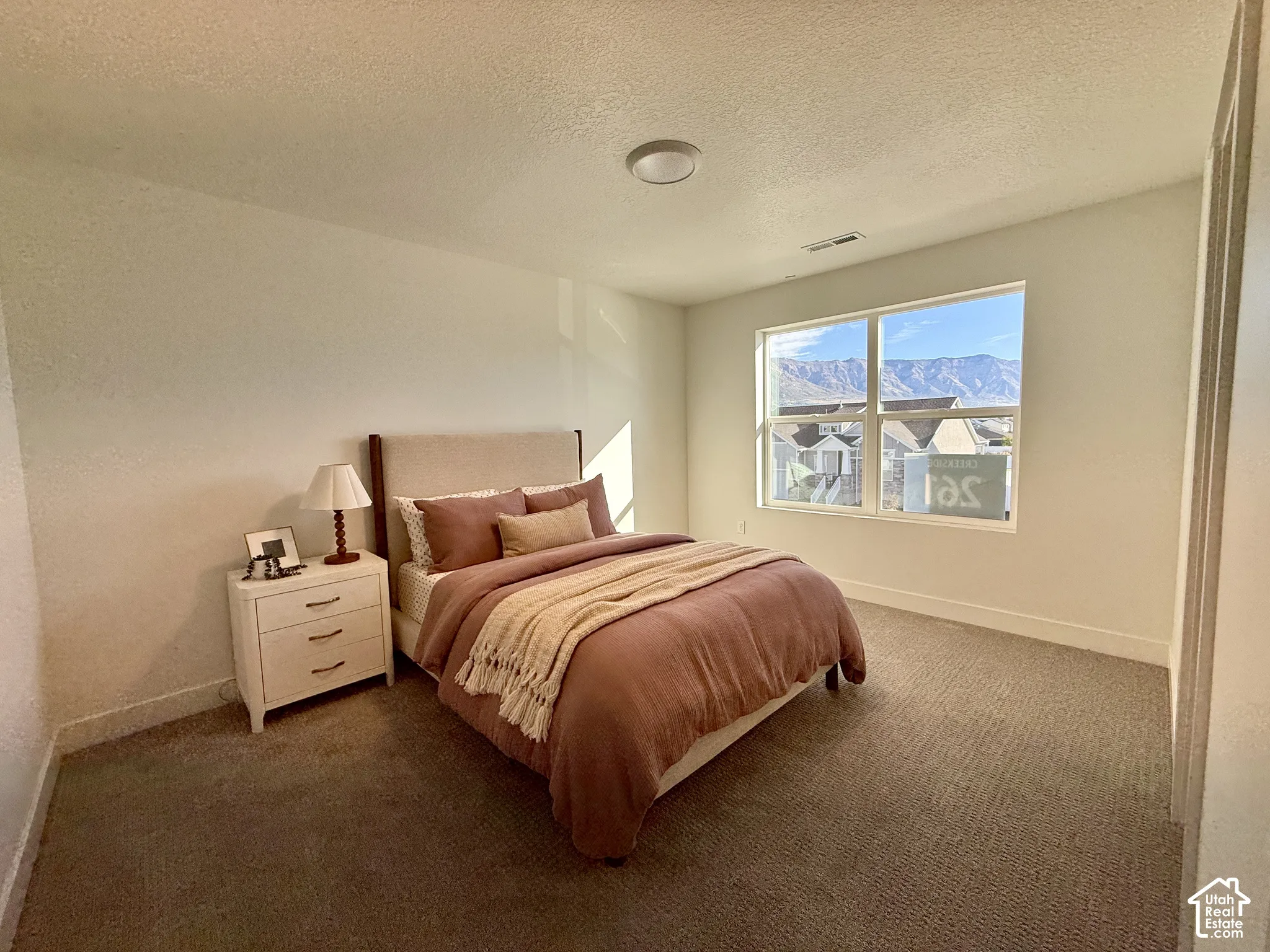 Neutral-toned room featuring neutral carpet flooring, an expansive window, and a mountain backdrop