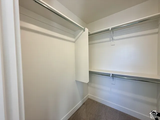 Walk-in closet featuring tiered metal garment rods, white shelving, and neutral carpeting