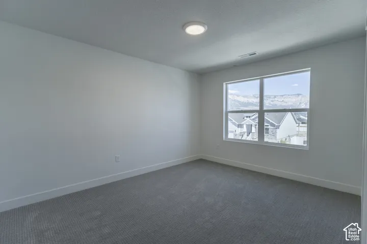 Window with mountain backdrop, neutral wall tones, gray carpet, and a flush-mount ceiling light