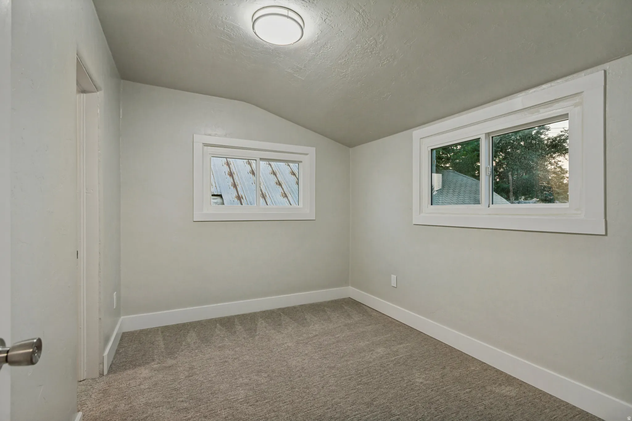 Carpeted flooring, two windows with white trim, a flush mount ceiling light, and light-toned wall paint