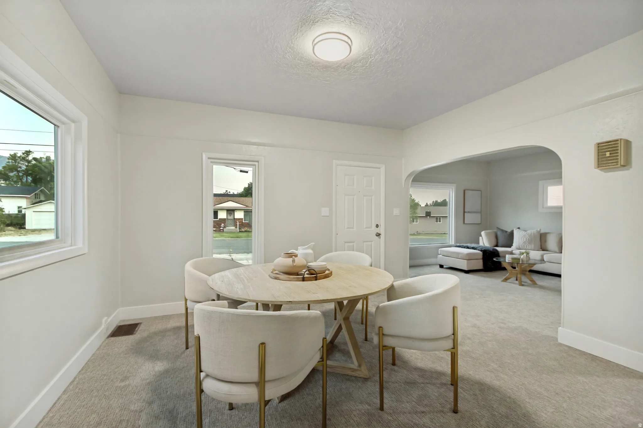 Neutral wall tones, carpeted flooring, a ceiling-mounted light fixture, and an arched entryway