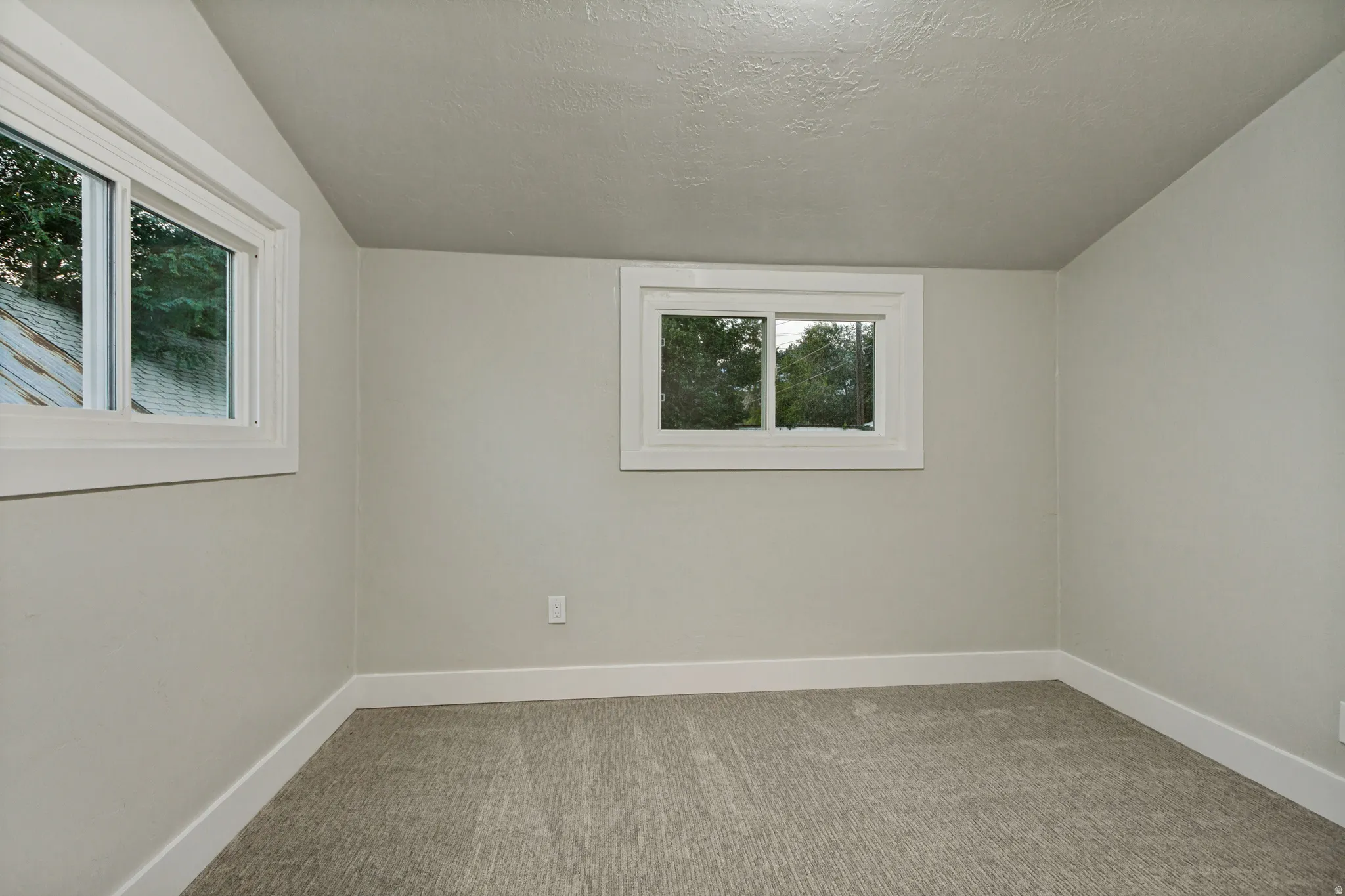 Light gray walls, white trim, and gray carpet