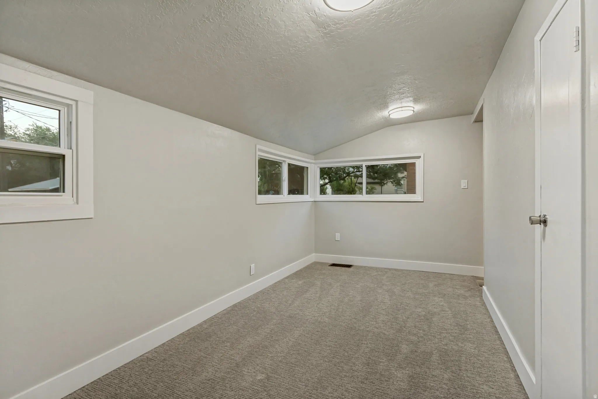 Neutral-toned walls with contrasting white trim, vaulted ceiling, two recessed lighting fixtures, and light gray carpeting
