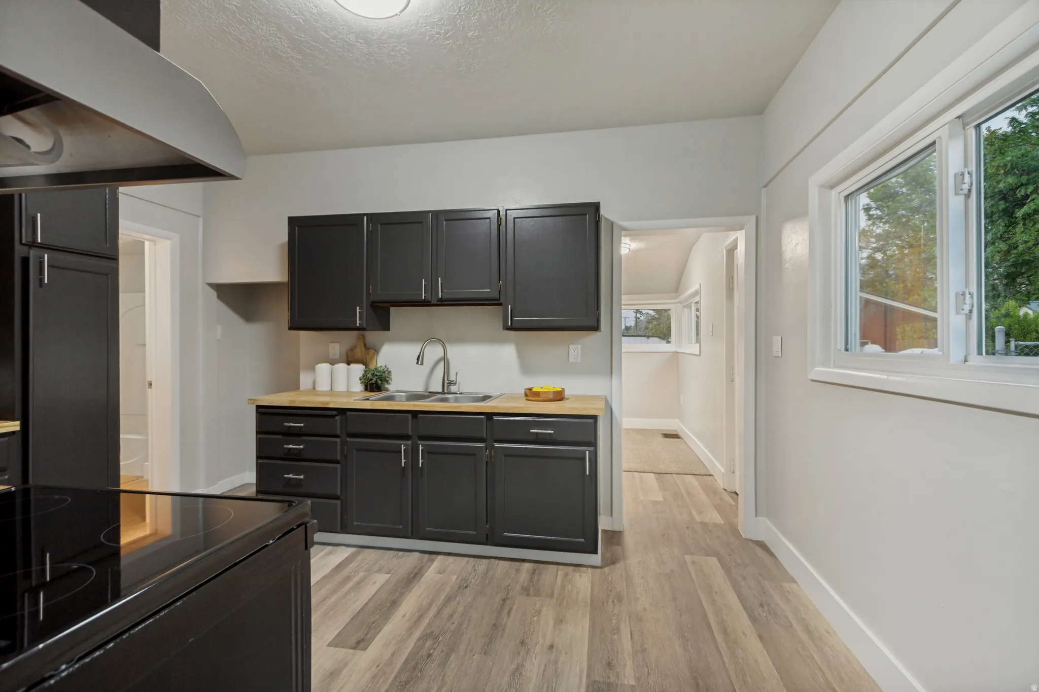 Contemporary kitchen featuring dark cabinetry, wood-finish countertops, stainless steel sink, and wood-finish flooring