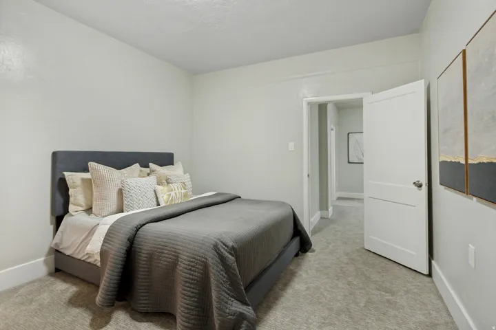 Neutral wall tones, plush carpet flooring, white trim, and a paneled interior door