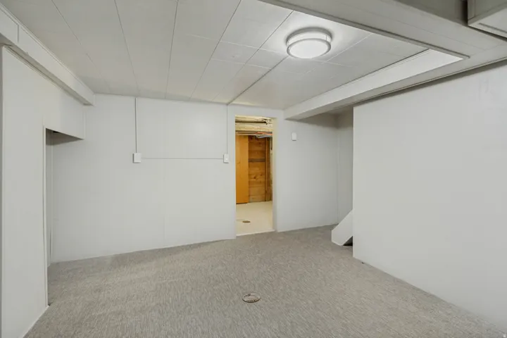 Carpeted flooring with painted panel walls and a flush-mount ceiling light