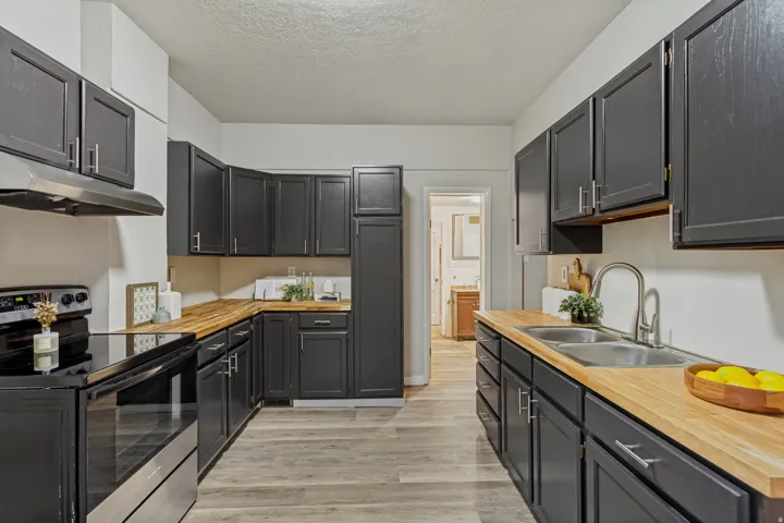 Galley kitchen with wood-finish countertops, dark cabinetry, stainless steel sink, and stainless steel range hood