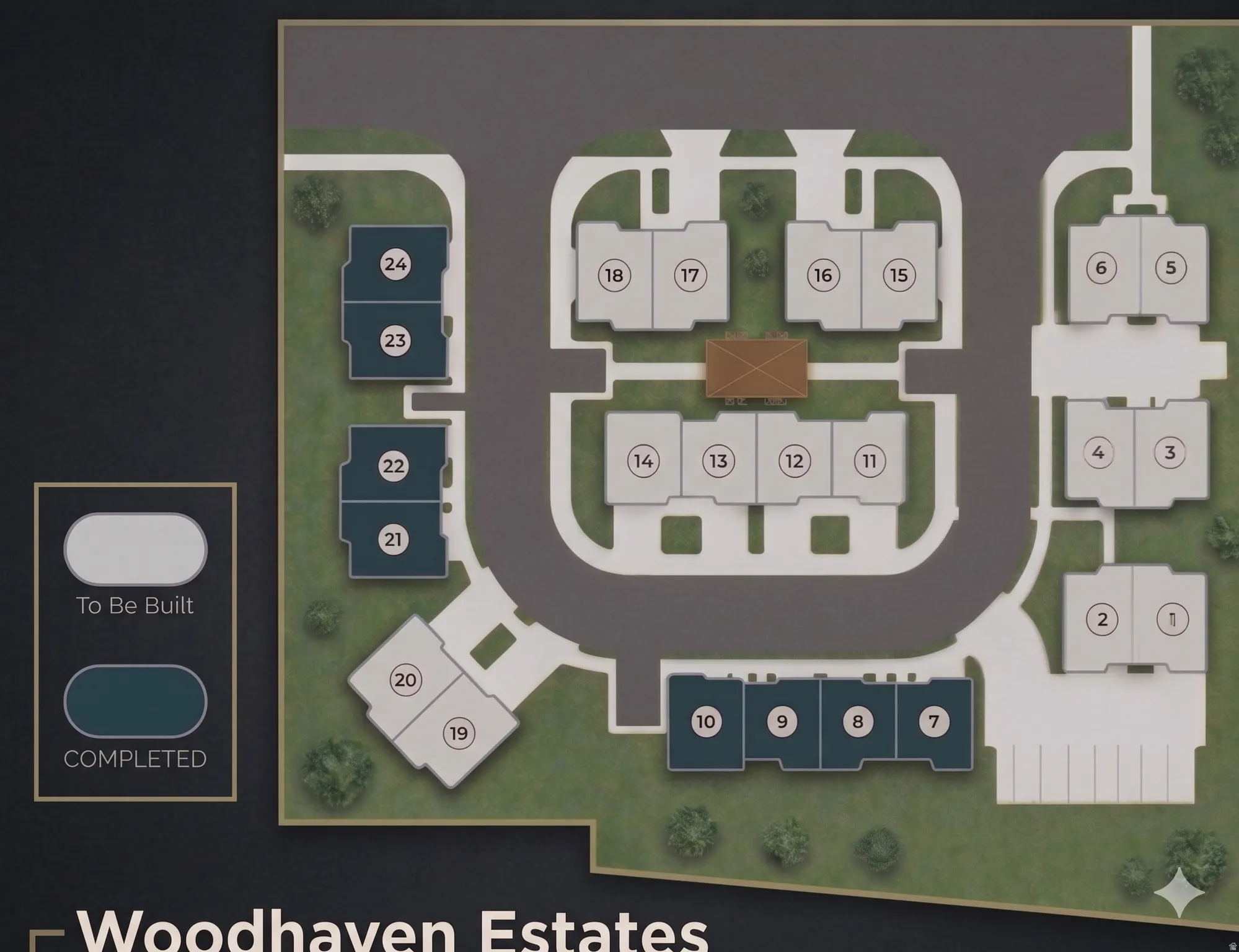 Site Plan, Woodhaven Estates. Illustrating the property layout and construction status of individual units