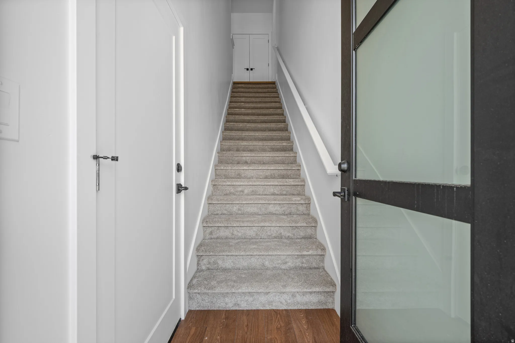 Staircase with carpeted treads, white handrail, and wood-finish flooring