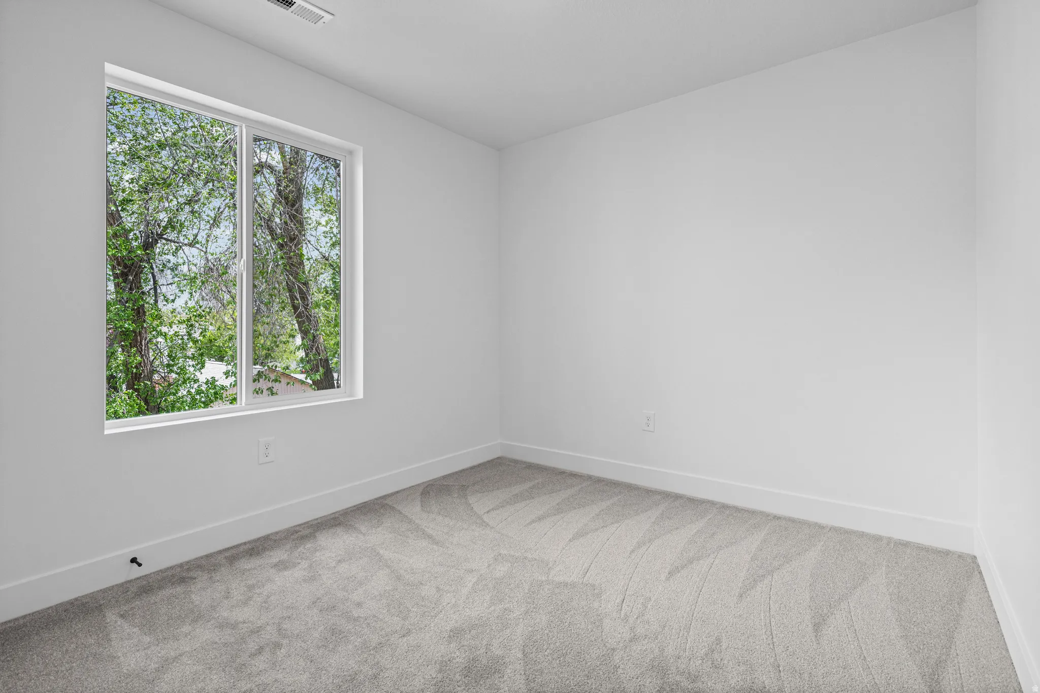 Wall-to-wall carpeting in a neutral tone and a large window
