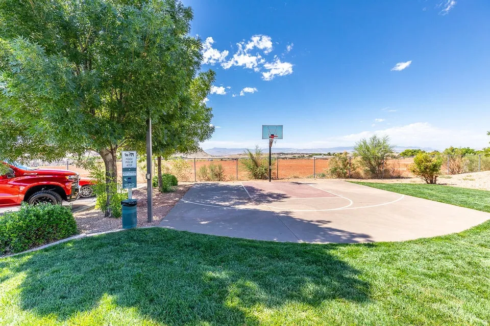 Paved basketball court with hoop, surrounded by green lawn and mature trees