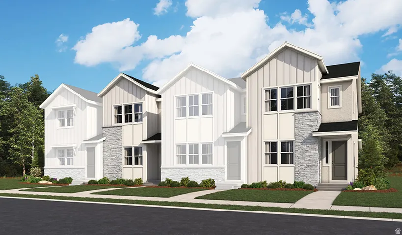 Modern exterior with board and batten siding, stone accents, black window frames, and a dark asphalt shingle roof