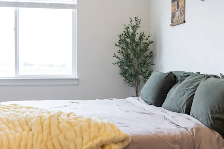 White window framing with blinds