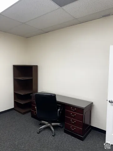 Interior room featuring neutral wall paint, dark carpeting, and a drop-ceiling
