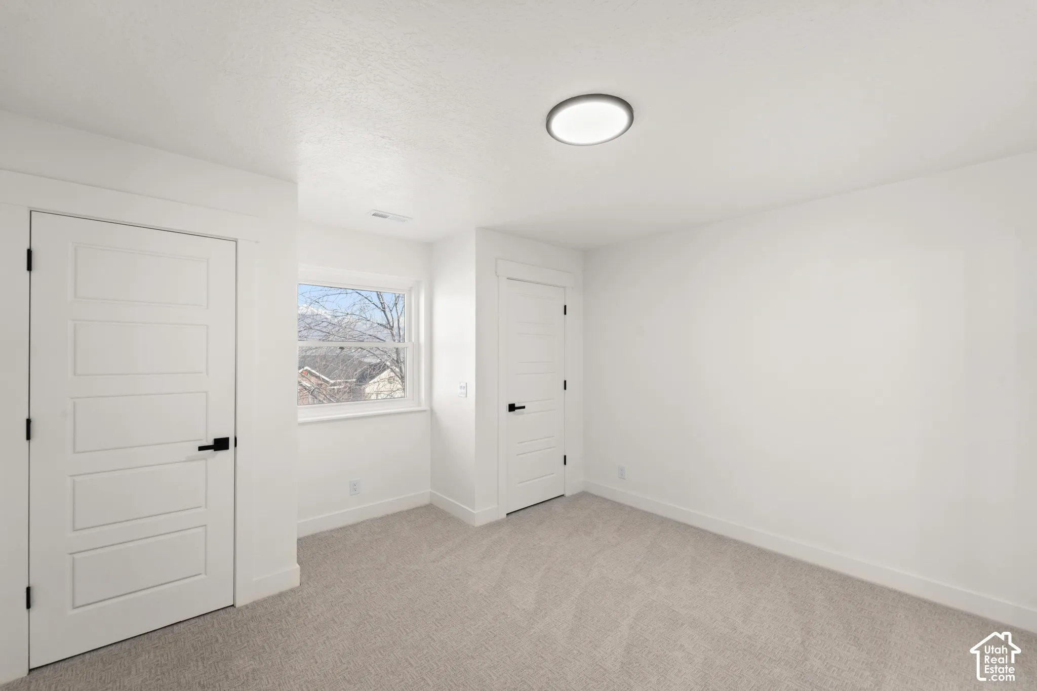 Light gray carpet flooring, white walls, and a contemporary ceiling light fixture