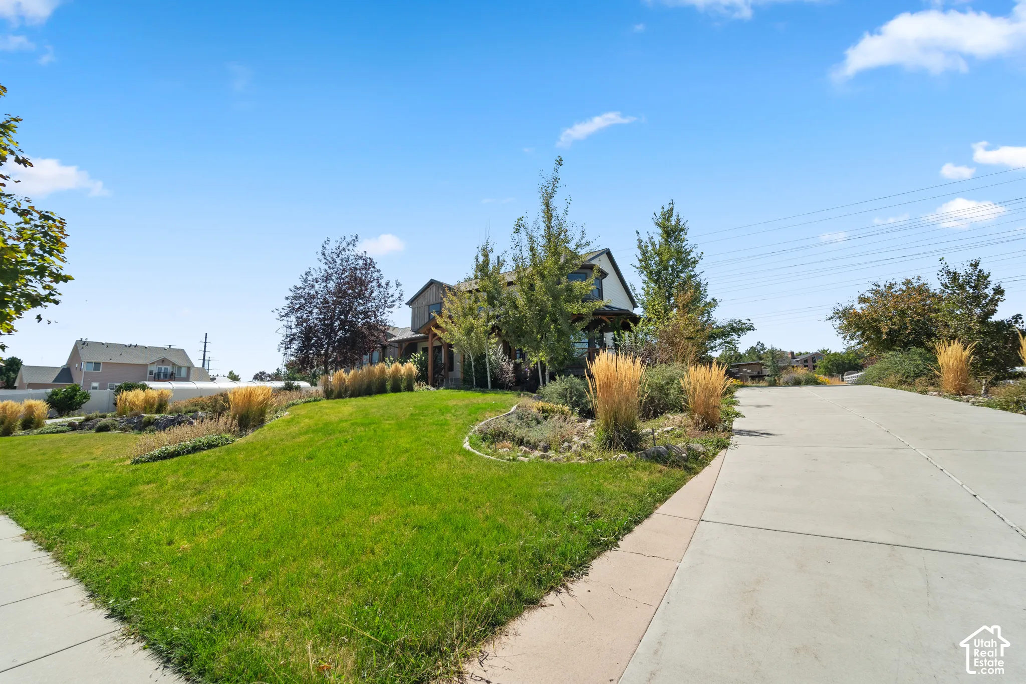 Manicured lawn with mature trees, shrubbery, and decorative grasses