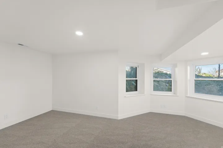 Recessed lighting, white walls, gray carpeting, and multiple windows with white trim