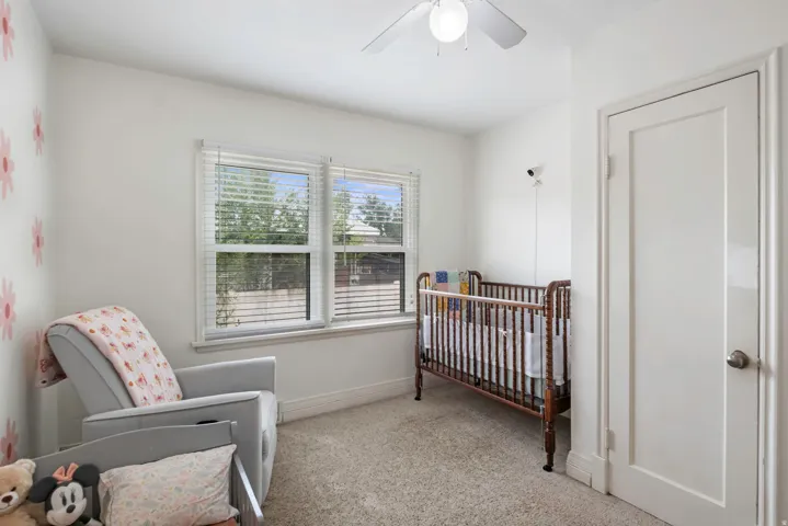 Dual windows with blinds, ceiling fan with integrated lighting, door with knob hardware, and carpet flooring