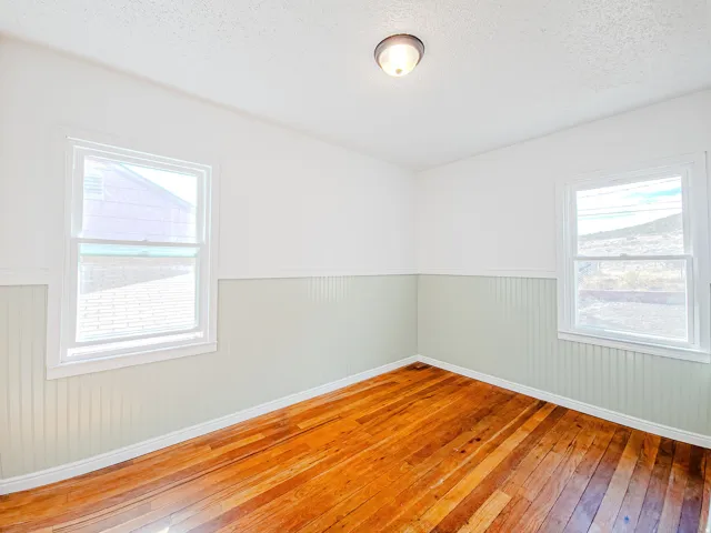 Hardwood flooring, two windows, two-tone walls with beadboard wainscoting, and a ceiling-mounted light fixture
