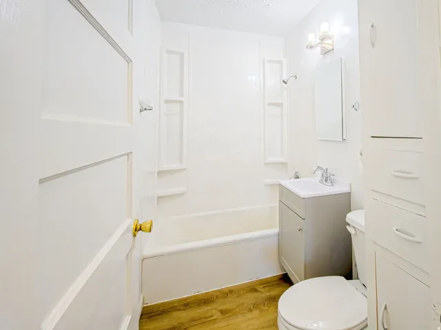 Wood-finish flooring, white paneled door, built-in tub with shower, single vanity with sink, and built-in storage cabinets
