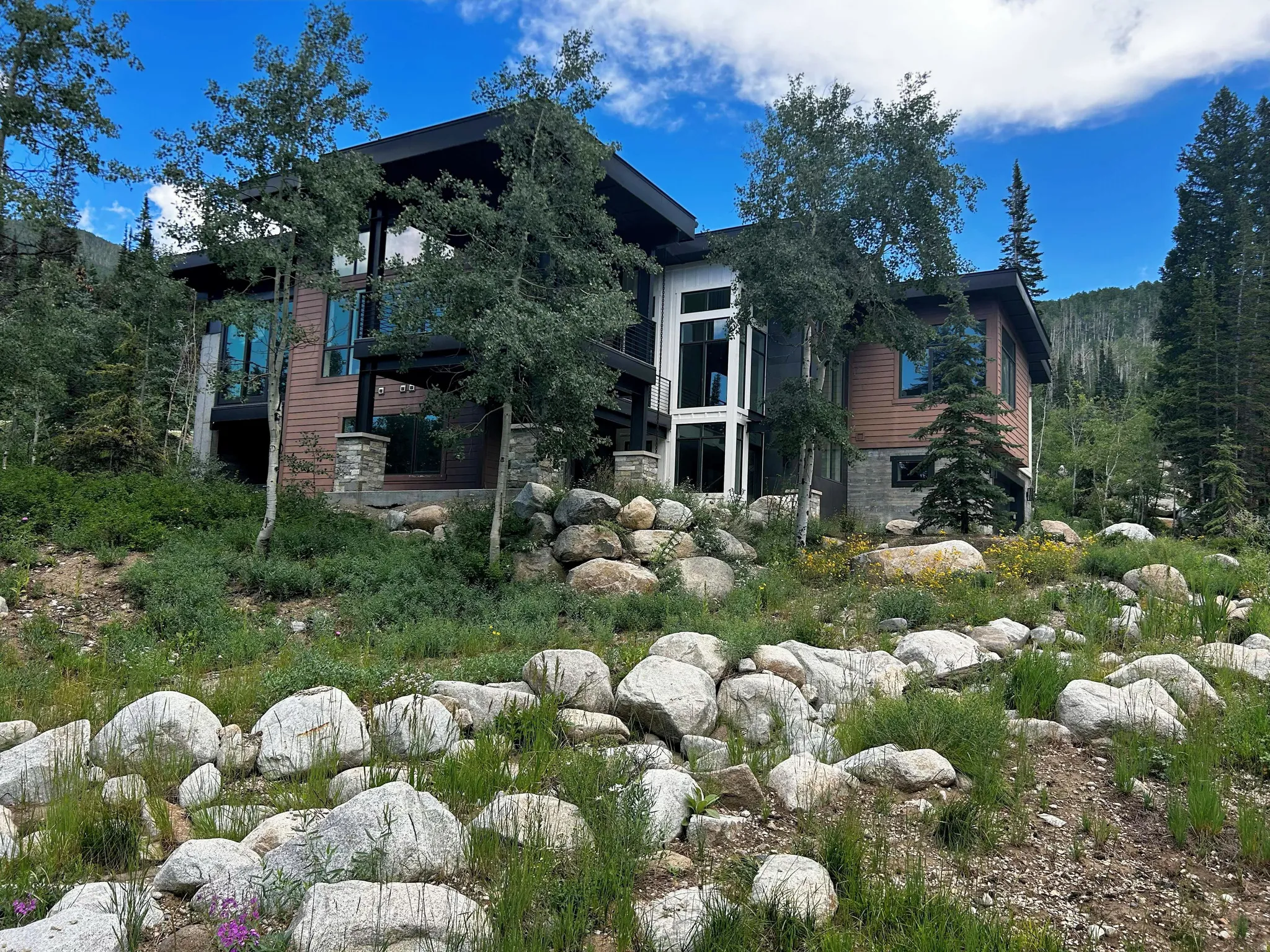 Modern exterior architecture with expansive windows, wood-finish siding, and stone accents
