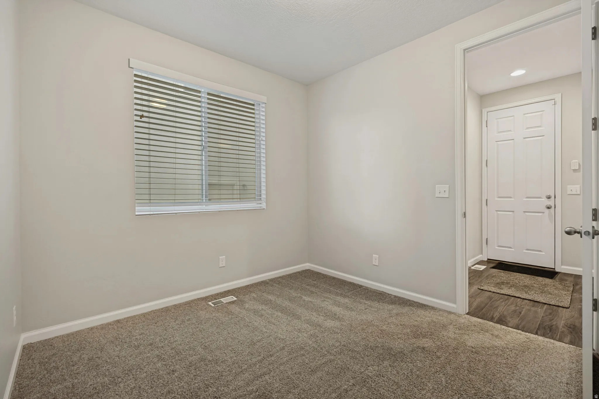 Textured carpet flooring, neutral wall paint, window with horizontal blinds, white interior trim, entryway with wood-finish flooring