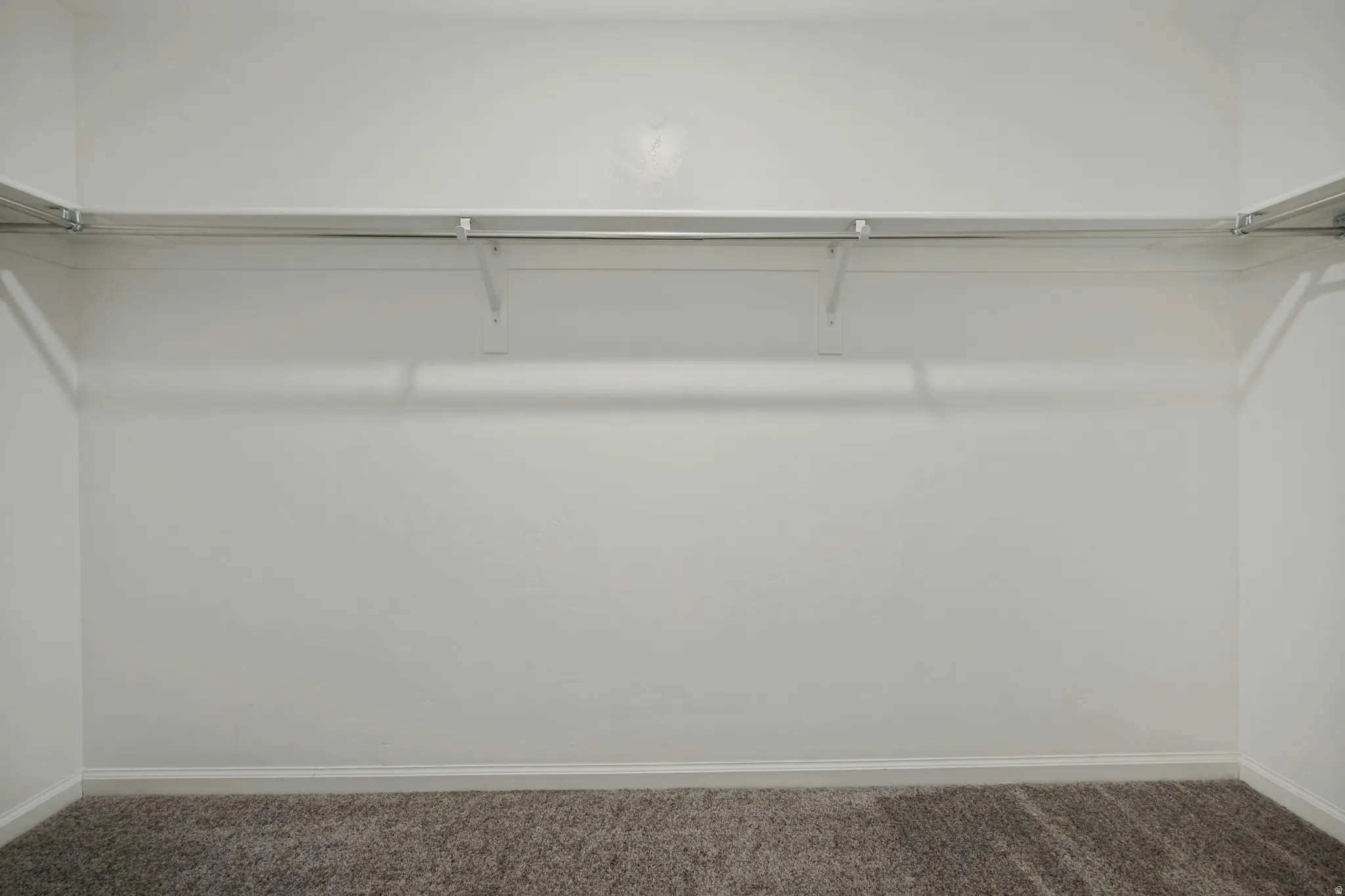Built-in shelving with hanging rods and neutral carpet flooring
