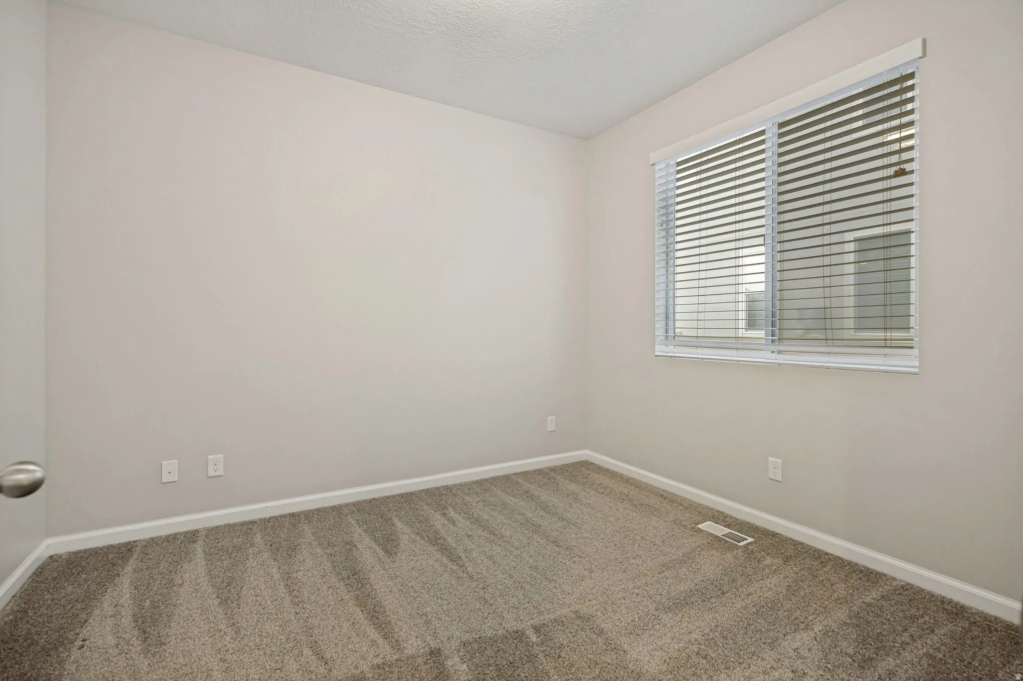 Wall-to-wall carpeting with a neutral tone, white window blinds, and light-colored wall paint