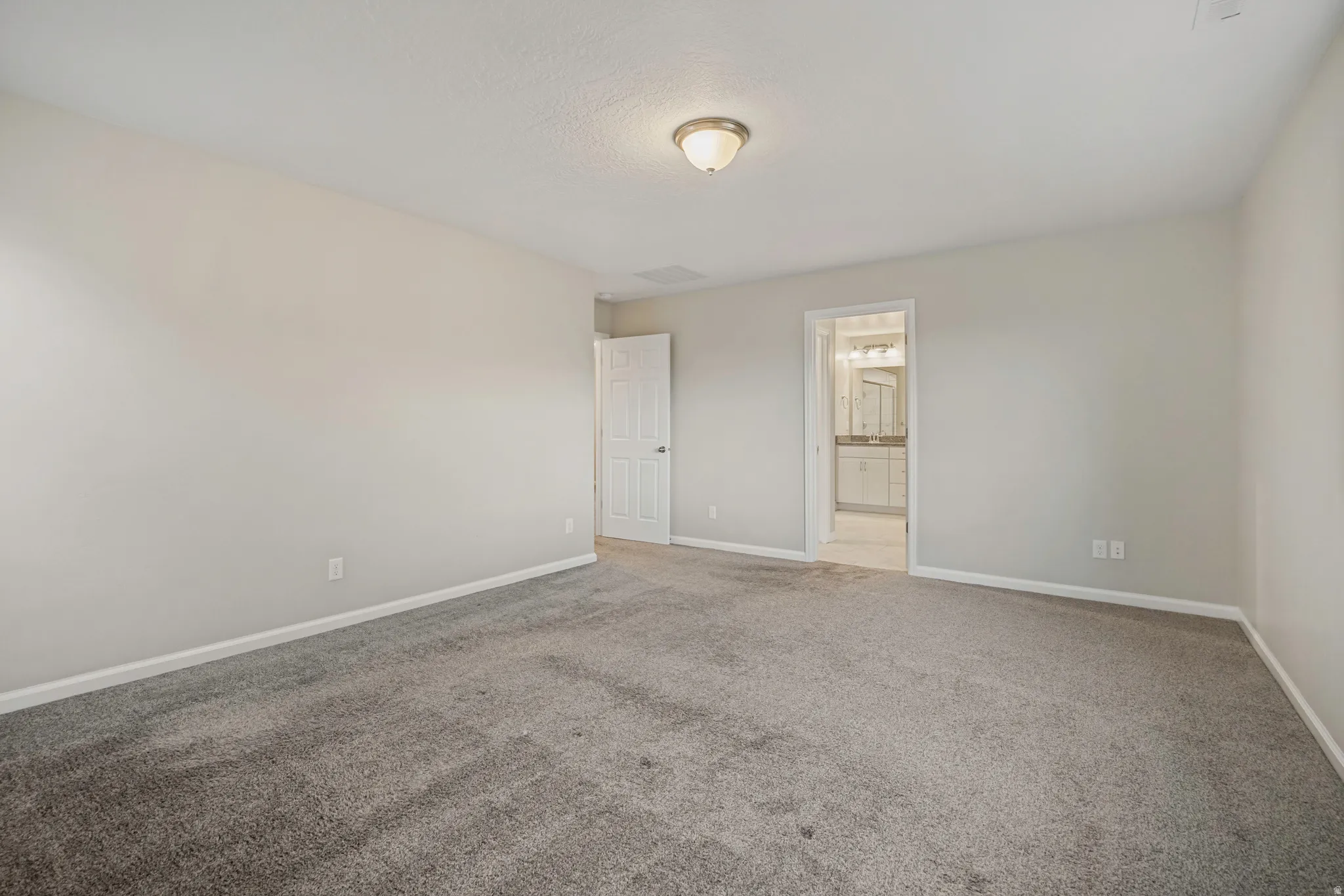 Carpeted room with light-toned walls and a flush-mount ceiling light