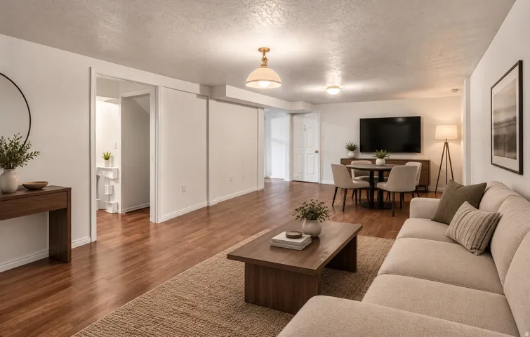 Expansive living area featuring wood-finish flooring and recessed lighting