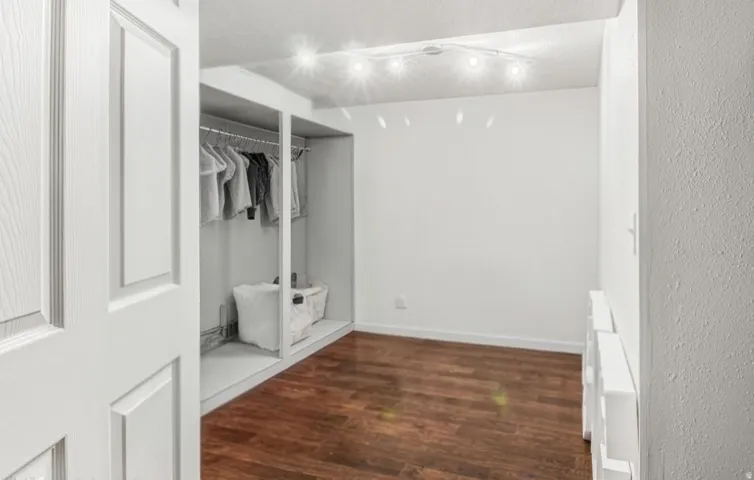 Recessed storage space with built-in clothing rods, wood-finish flooring, white paneled door, and track lighting