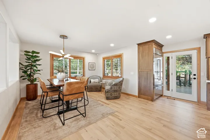 Refinished hardwood flooring extends throughout this open living space.  Easy access to the back deck and outdoor living space.  Views from your dining table.