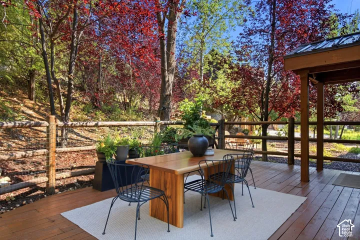 Secluded and private back deck right off the kitchen and dining room with multiple seating areas for entertaining, relaxing, working from home, and being immersed in nature.  The home often sees moose, deer, rabbits, squirrels, birds and less commonly elk
