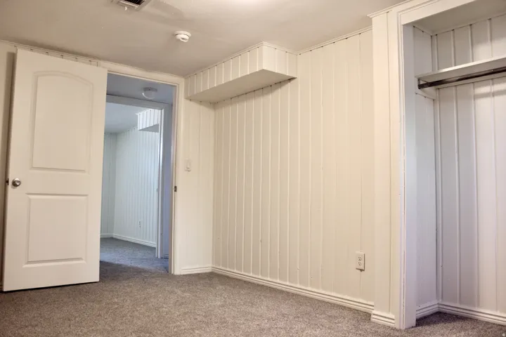 Carpeted flooring, paneled wall finish, white interior doors, and a built-in closet with hanging rod