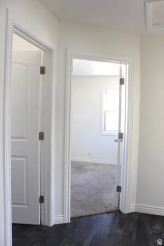 Crisp white walls, white trim, dark wood-finish flooring, and soft grey carpeting