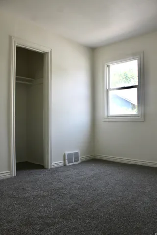 Neutral wall paint, gray carpeting, single window, and a closet with a hanging rod