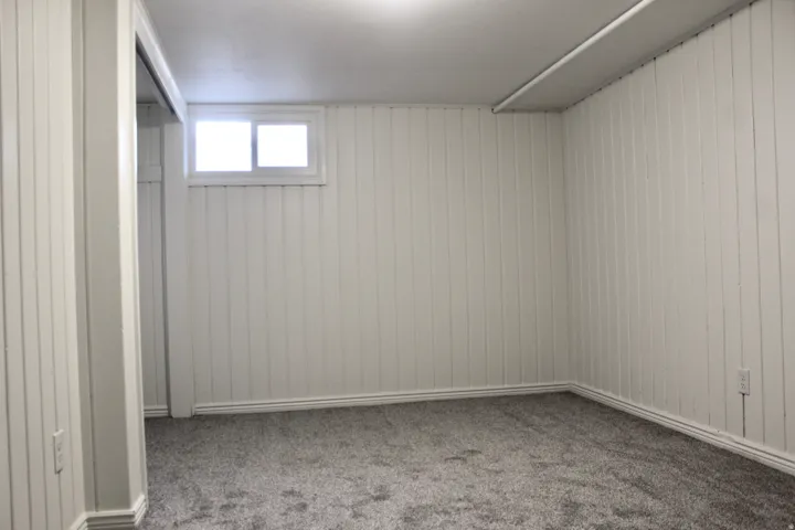 Room featuring light-colored vertical paneling, neutral-toned carpet flooring, a window, and recessed lighting