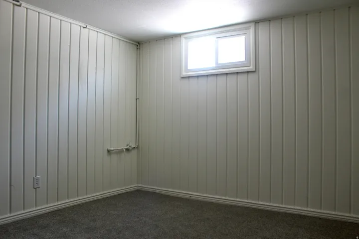 Textured panel walls, white trim, recessed window, and carpeted flooring