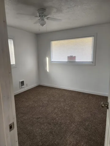 Brown carpet flooring, white painted walls, a white ceiling fan with light, and two windows with blinds