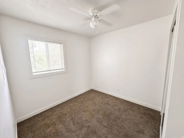 Neutral wall paint, window with blinds, overhead ceiling fan, and carpeted flooring