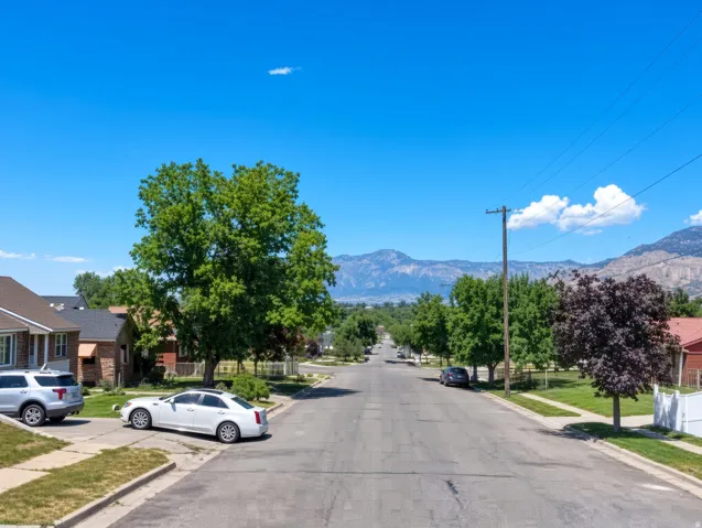 Residential street with paved road, concrete sidewalks, and mature trees
