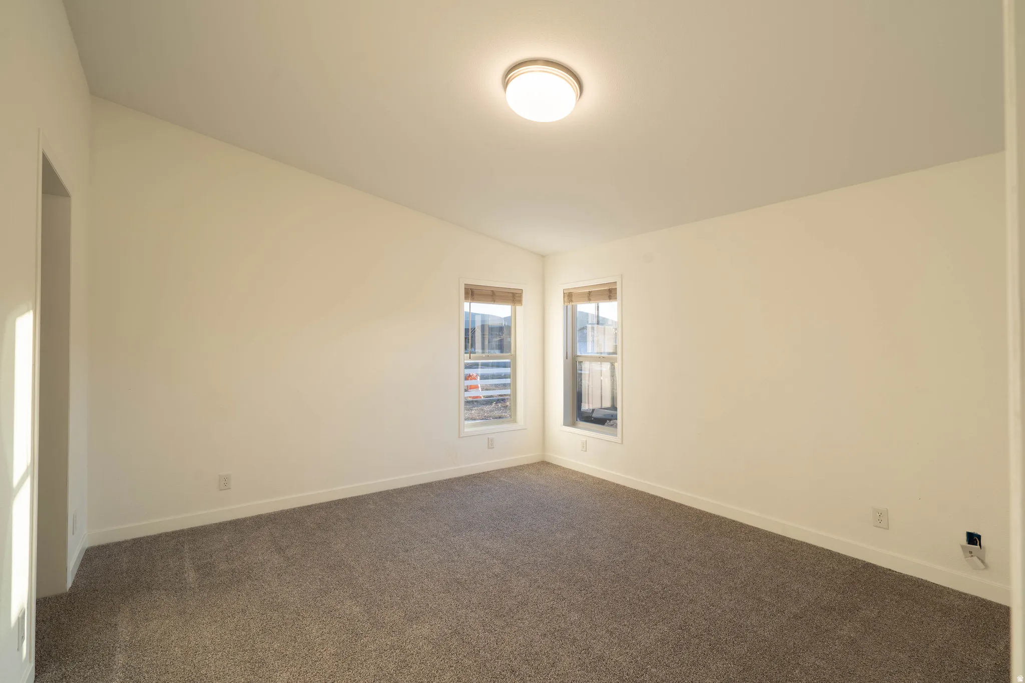 Carpeted flooring, two windows with blinds, flush-mount ceiling light fixture, and neutral wall tones