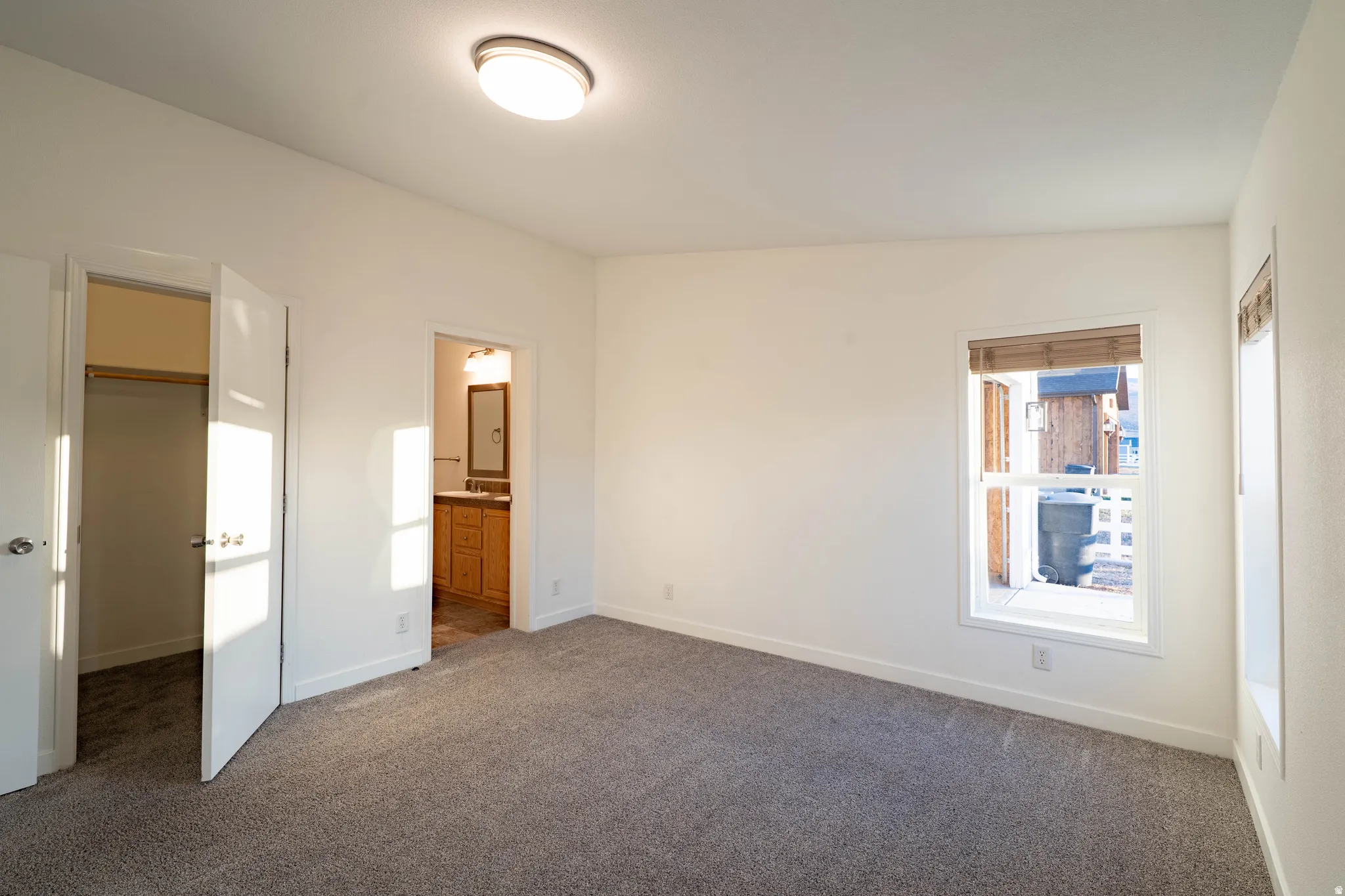 Neutral-toned carpet flooring, white walls, and a ceiling-mounted light fixture
