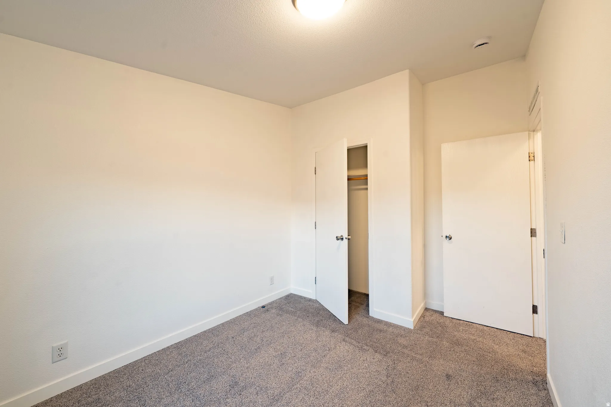 Neutral wall paint finish, carpet flooring, flush-mount ceiling light, white trim, and a built-in closet with hanging rod