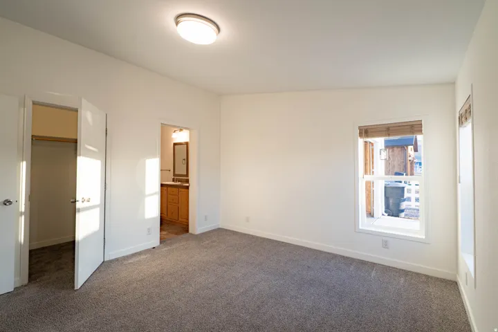 Neutral-toned carpet flooring, white walls, and a ceiling-mounted light fixture