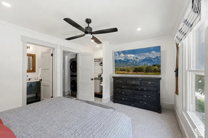 Recessed lighting, ceiling fan, and carpeted flooring