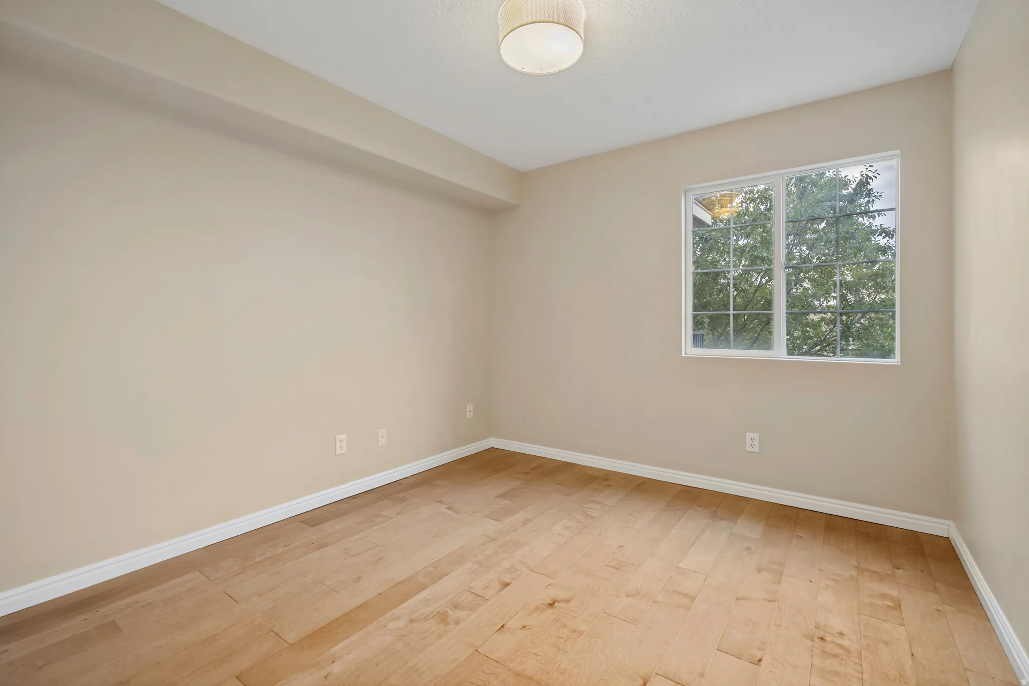 Light wood-finish flooring, neutral wall tones, white trim, and a ceiling-mounted light fixture
