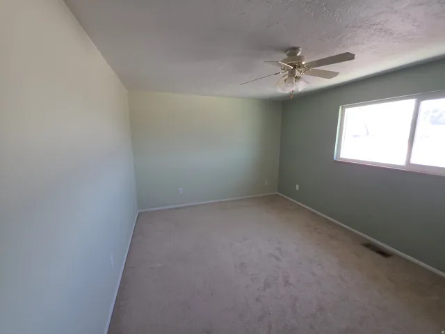 Light-colored carpeting, ample natural light from multiple windows, and a ceiling fan with integrated lighting