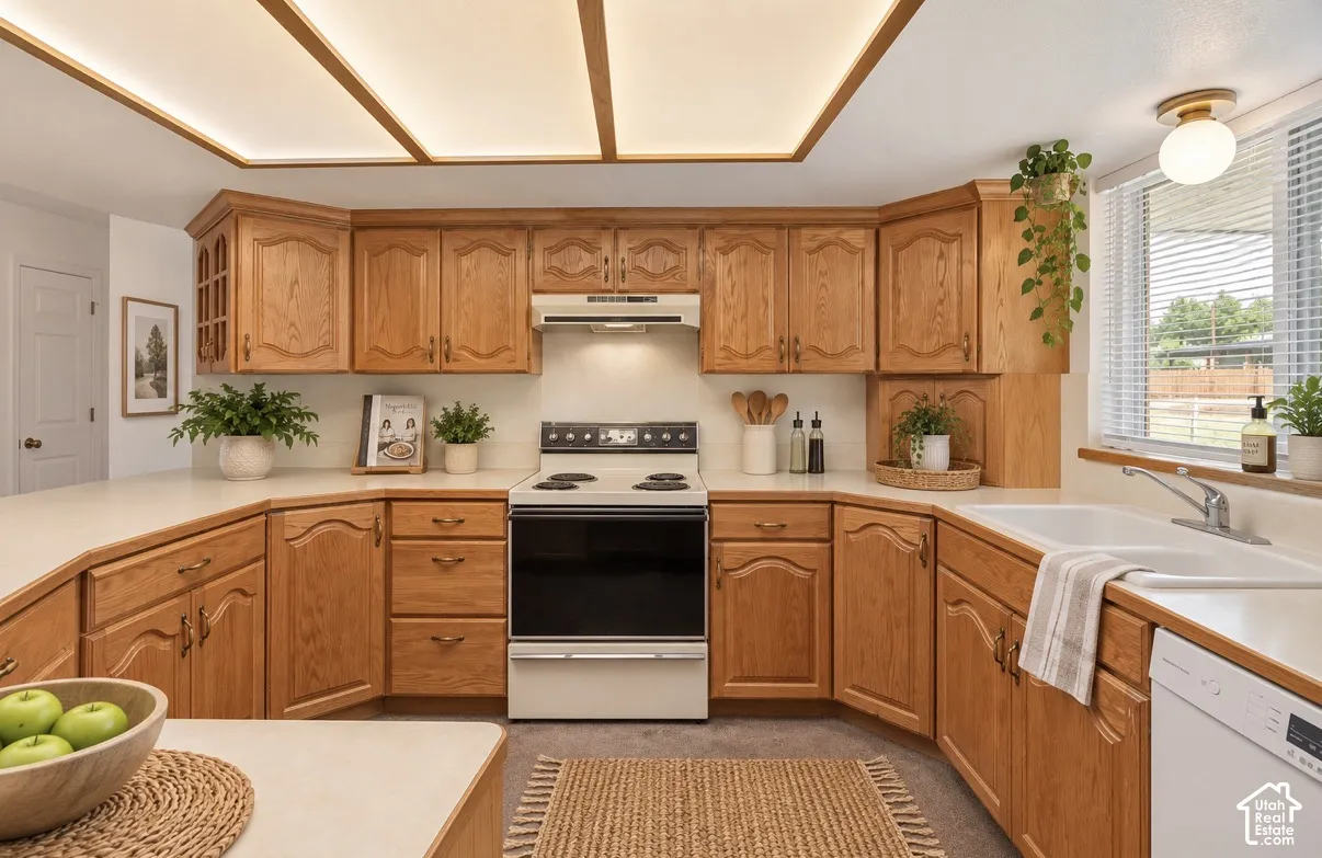 U-shaped kitchen featuring wood cabinetry, white countertops, an integrated sink, and a built-in dishwasher